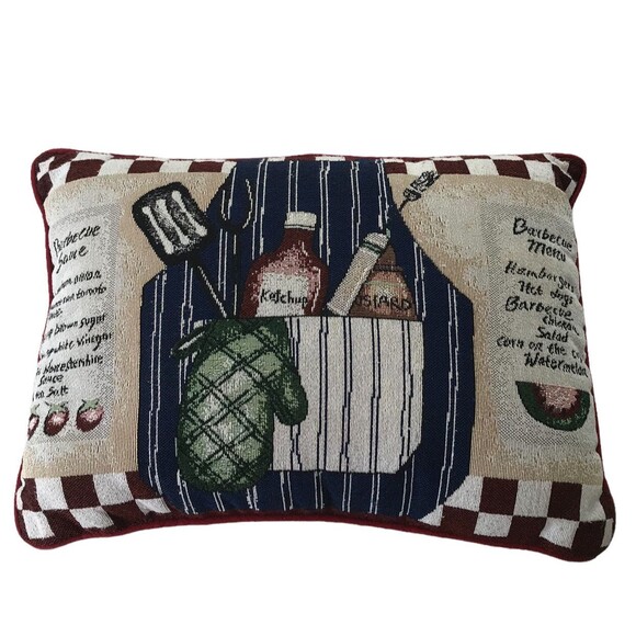 Summer BBQ Throw Pillow Red White Checkered Edges Menu Sauce Condiments Mitt - Picture 2 of 9